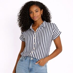 Alexander Jordan Navy White Stripe Button Front Short Sleeve Blouse Size M